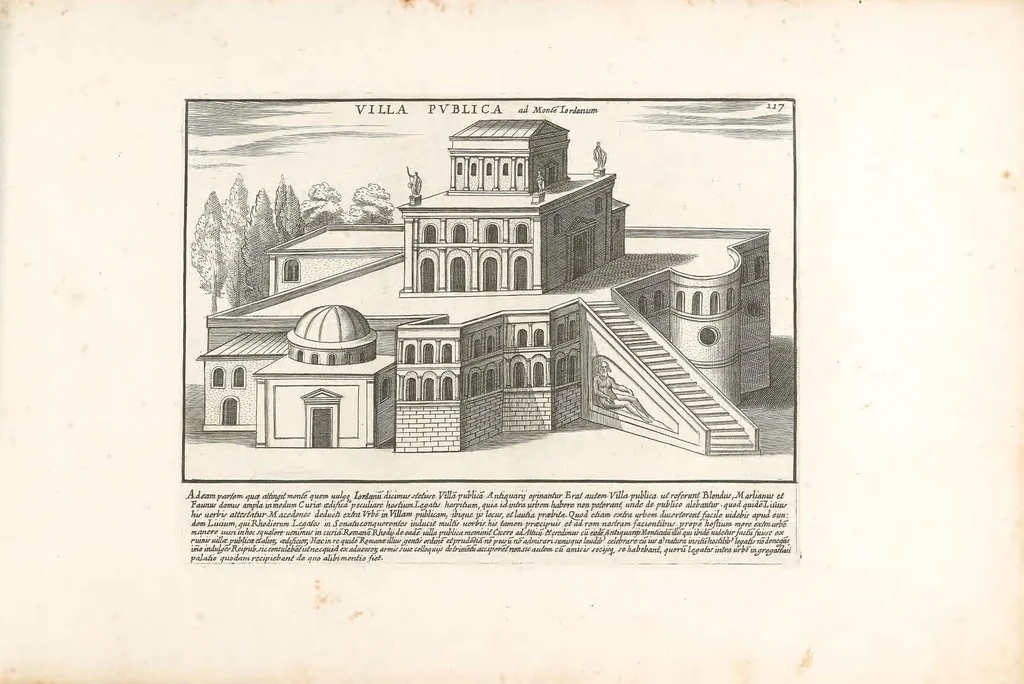 An illustration from Romanae magnitvdinis monvmenta, qvæ vrbem illam orbis dominam velvt redivivam exhibent posteritati, vetervm recentiorvmqve qvotqvot hac de re scripservnt avthoritate probata, qvibvs svffragantvr nvmismata, et mvsea principvm praesertim fragmenta marmorea Farnesiana, qvae vrbis antiqvae ichnographiam continent, restitvta et avcta cura, sumptibus ac typis Dominici de Rubeis .., 1699, leaf 237