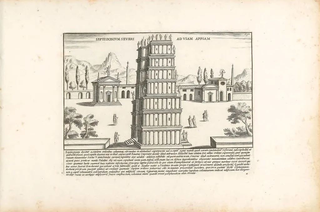 An illustration from Romanae magnitvdinis monvmenta, qvæ vrbem illam orbis dominam velvt redivivam exhibent posteritati, vetervm recentiorvmqve qvotqvot hac de re scripservnt avthoritate probata, qvibvs svffragantvr nvmismata, et mvsea principvm praesertim fragmenta marmorea Farnesiana, qvae vrbis antiqvae ichnographiam continent, restitvta et avcta cura, sumptibus ac typis Dominici de Rubeis .., 1699, leaf 267