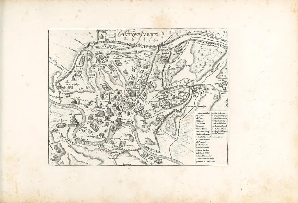 An illustration from Romanae magnitvdinis monvmenta, qvæ vrbem illam orbis dominam velvt redivivam exhibent posteritati, vetervm recentiorvmqve qvotqvot hac de re scripservnt avthoritate probata, qvibvs svffragantvr nvmismata, et mvsea principvm praesertim fragmenta marmorea Farnesiana, qvae vrbis antiqvae ichnographiam continent, restitvta et avcta cura, sumptibus ac typis Dominici de Rubeis .., 1699, leaf 45