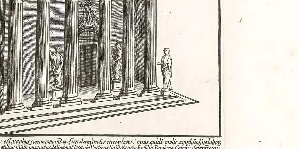 An illustration from Romanae magnitvdinis monvmenta, qvæ vrbem illam orbis dominam velvt redivivam exhibent posteritati, vetervm recentiorvmqve qvotqvot hac de re scripservnt avthoritate probata, qvibvs svffragantvr nvmismata, et mvsea principvm praesertim fragmenta marmorea Farnesiana, qvae vrbis antiqvae ichnographiam continent, restitvta et avcta cura, sumptibus ac typis Dominici de Rubeis .., 1699, leaf 77