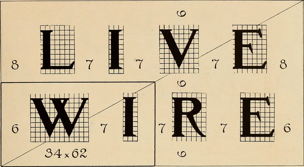 An illustration from A Roman alphabet and how to use it; a conventional Roman alphabet with full directions for its use in the lettering problems required in public, normal, art, and technical schools, and for the lettering problems which arise in the practice of architects, commercial illustrators, show-card writers and sign painters, 1917, leaf 32