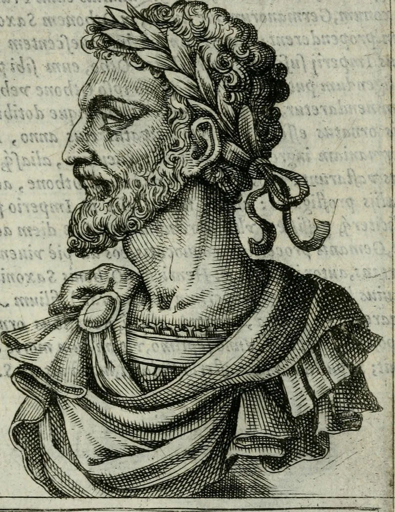 An illustration from Romanorvm imperatorvm effigies : elogijs ex diuersis scriptoribus per Thomam Treteru S. Mariae Transtyberim canonicum collectis, 1583, leaf 254