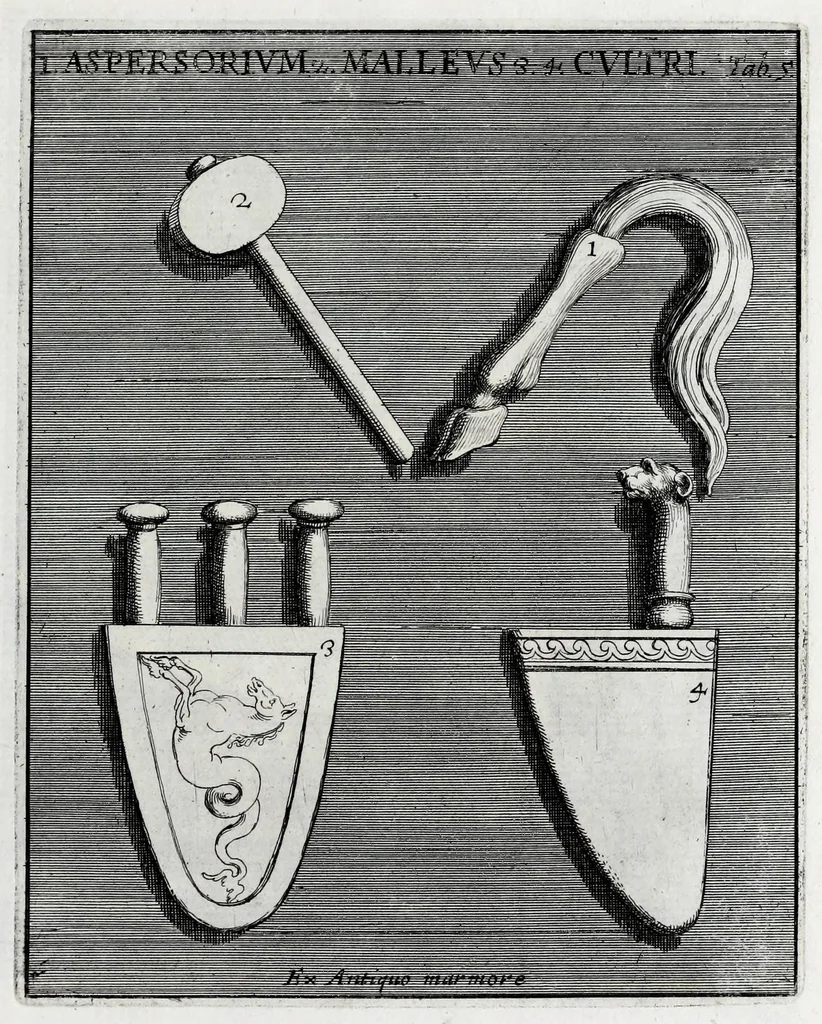 An illustration from Romanum museum, sive, Thesaurus eruditae antiquitatis : in quo gemmae, idola, insignia sacerdotalia, instrumenta sacrificijs inservientia, lucernae, vasa, bullae, armillae, fibulae, claves, annuli, tesserae, styli, strigiles, gutti, phialae lacrymatoriae, vota, signa militaria, &c. centum & septuaginta tabulis aeneis incisa referuntur ac dilucidantur, 1690, leaf 327