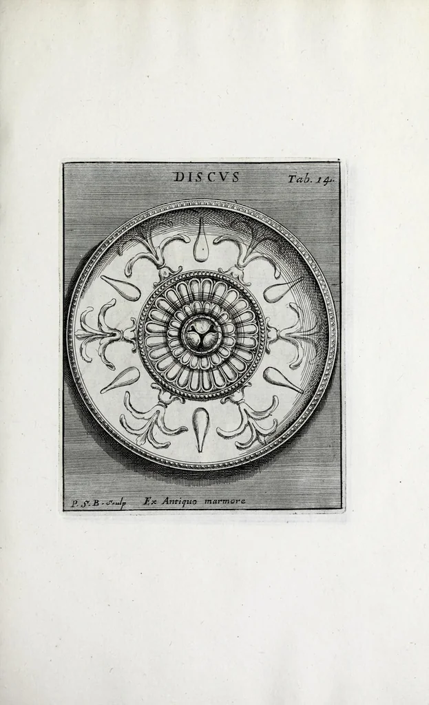 An illustration from Romanum museum, sive, Thesaurus eruditae antiquitatis : in quo gemmae, idola, insignia sacerdotalia, instrumenta sacrificijs inservientia, lucernae, vasa, bullae, armillae, fibulae, claves, annuli, tesserae, styli, strigiles, gutti, phialae lacrymatoriae, vota, signa militaria, &c. centum & septuaginta tabulis aeneis incisa referuntur ac dilucidantur, 1690, leaf 345