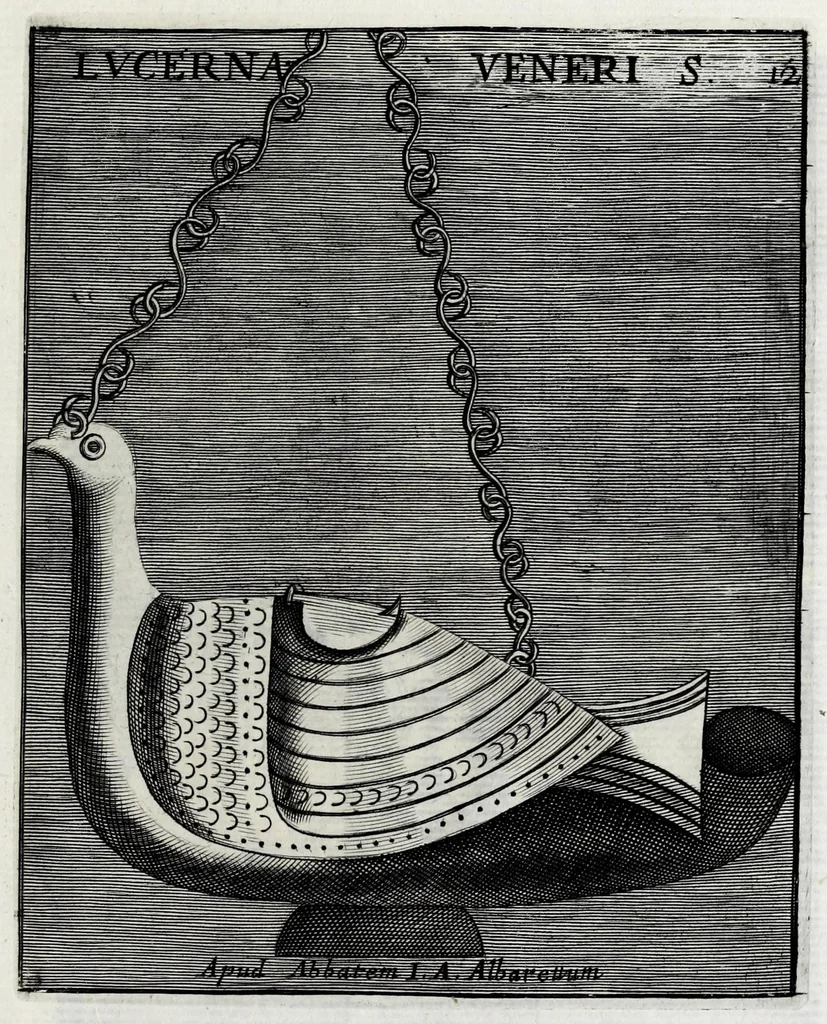 An illustration from Romanum museum, sive, Thesaurus eruditae antiquitatis : in quo gemmae, idola, insignia sacerdotalia, instrumenta sacrificijs inservientia, lucernae, vasa, bullae, armillae, fibulae, claves, annuli, tesserae, styli, strigiles, gutti, phialae lacrymatoriae, vota, signa militaria, &c. centum & septuaginta tabulis aeneis incisa referuntur ac dilucidantur, 1690, leaf 403