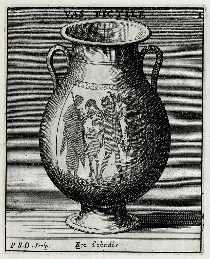 An illustration from Romanum museum, sive, Thesaurus eruditae antiquitatis : in quo gemmae, idola, insignia sacerdotalia, instrumenta sacrificijs inservientia, lucernae, vasa, bullae, armillae, fibulae, claves, annuli, tesserae, styli, strigiles, gutti, phialae lacrymatoriae, vota, signa militaria, &c. centum & septuaginta tabulis aeneis incisa referuntur ac dilucidantur, 1690, leaf 431