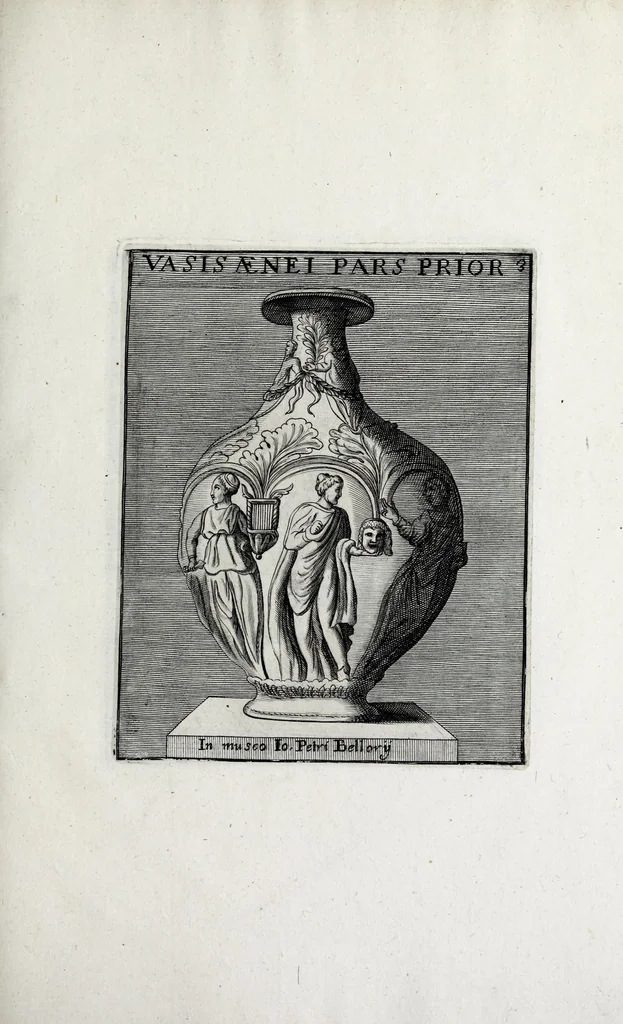 An illustration from Romanum museum, sive, Thesaurus eruditae antiquitatis : in quo gemmae, idola, insignia sacerdotalia, instrumenta sacrificijs inservientia, lucernae, vasa, bullae, armillae, fibulae, claves, annuli, tesserae, styli, strigiles, gutti, phialae lacrymatoriae, vota, signa militaria, &c. centum & septuaginta tabulis aeneis incisa referuntur ac dilucidantur, 1690, leaf 435