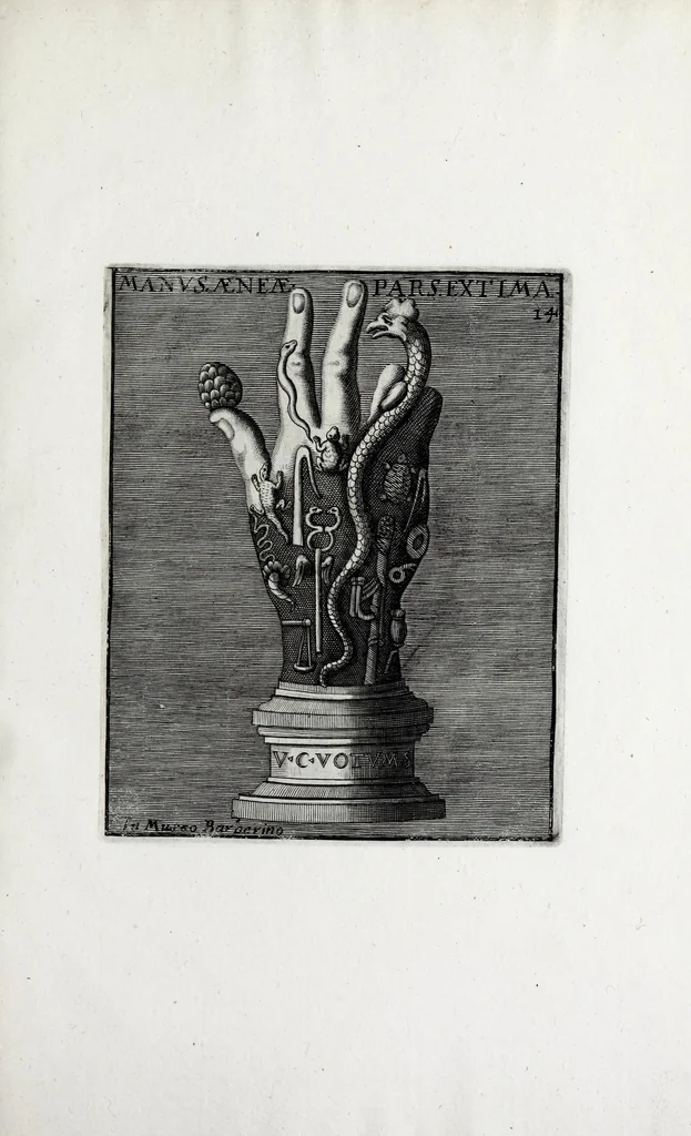 An illustration from Romanum museum, sive, Thesaurus eruditae antiquitatis : in quo gemmae, idola, insignia sacerdotalia, instrumenta sacrificijs inservientia, lucernae, vasa, bullae, armillae, fibulae, claves, annuli, tesserae, styli, strigiles, gutti, phialae lacrymatoriae, vota, signa militaria, &c. centum & septuaginta tabulis aeneis incisa referuntur ac dilucidantur, 1690, leaf 457