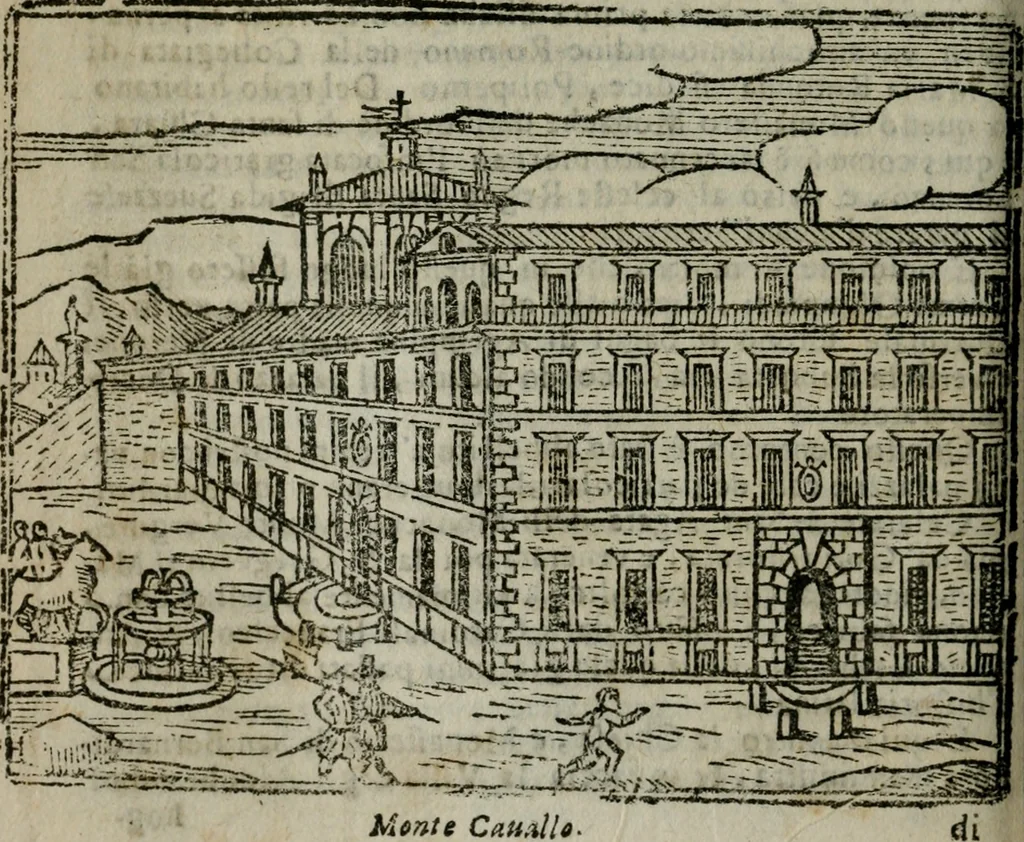 An illustration from Roma ricercata nel suo sito : con tutte le curiosità, che in essa si ritrouano, tanto antiche, come moderne, cioè chiese, monasterij, hospidali, collegij, seminarij, tempij, teatri, anfiteatri, naumachie, cerchi, fori, curie, palazzi, e statue, librarie, musei, pitture, sculture, & i nomi degli artefici, 1687, leaf 103