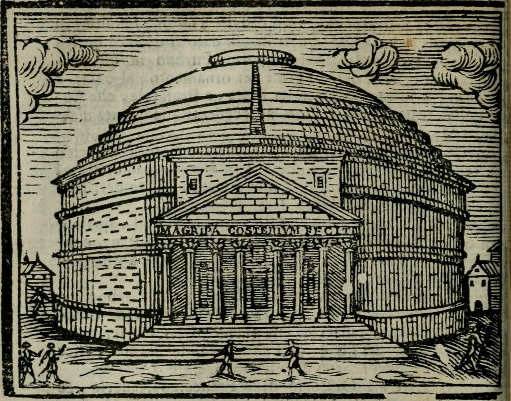 An illustration from Roma ricercata nel suo sito : con tutte le curiosità, che in essa si ritrouano, tanto antiche, come moderne, cioè chiese, monasterij, hospidali, collegij, seminarij, tempij, teatri, anfiteatri, naumachie, cerchi, fori, curie, palazzi, e statue, librarie, musei, pitture, sculture, & i nomi degli artefici, 1687, leaf 105