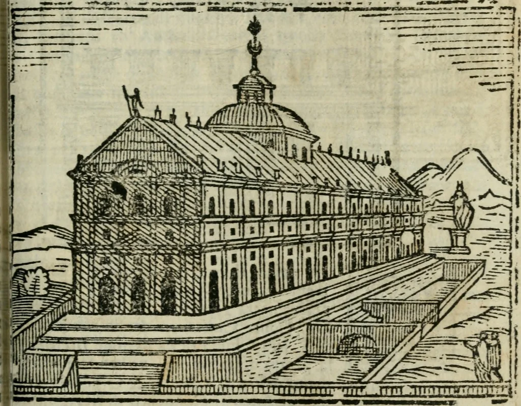 An illustration from Roma ricercata nel suo sito : con tutte le curiosità, che in essa si ritrouano, tanto antiche, come moderne, cioè chiese, monasterij, hospidali, collegij, seminarij, tempij, teatri, anfiteatri, naumachie, cerchi, fori, curie, palazzi, e statue, librarie, musei, pitture, sculture, & i nomi degli artefici, 1687, leaf 106