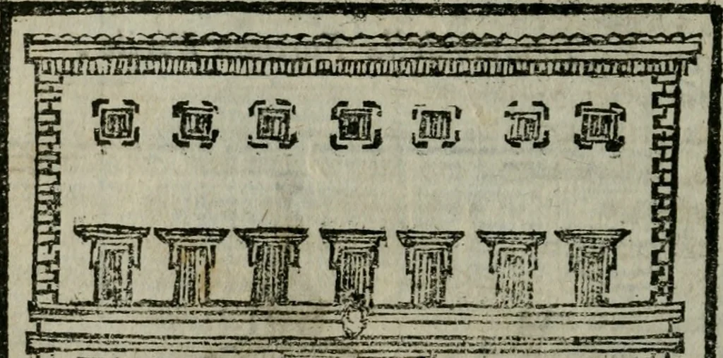 An illustration from Roma ricercata nel suo sito : con tutte le curiosità, che in essa si ritrouano, tanto antiche, come moderne, cioè chiese, monasterij, hospidali, collegij, seminarij, tempij, teatri, anfiteatri, naumachie, cerchi, fori, curie, palazzi, e statue, librarie, musei, pitture, sculture, & i nomi degli artefici, 1687, leaf 107