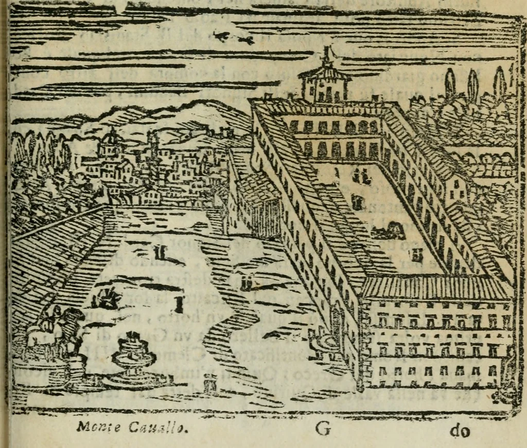 An illustration from Roma ricercata nel suo sito : con tutte le curiosità, che in essa si ritrouano, tanto antiche, come moderne, cioè chiese, monasterij, hospidali, collegij, seminarij, tempij, teatri, anfiteatri, naumachie, cerchi, fori, curie, palazzi, e statue, librarie, musei, pitture, sculture, & i nomi degli artefici, 1687, leaf 110