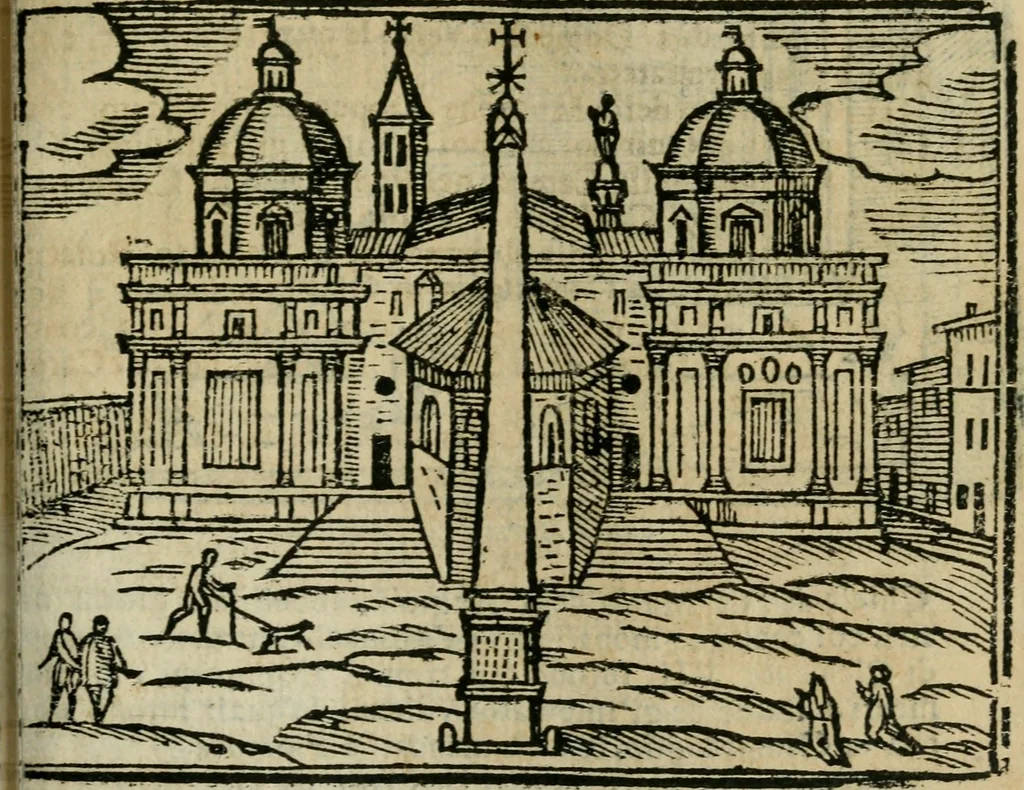 An illustration from Roma ricercata nel suo sito : con tutte le curiosità, che in essa si ritrouano, tanto antiche, come moderne, cioè chiese, monasterij, hospidali, collegij, seminarij, tempij, teatri, anfiteatri, naumachie, cerchi, fori, curie, palazzi, e statue, librarie, musei, pitture, sculture, & i nomi degli artefici, 1687, leaf 112