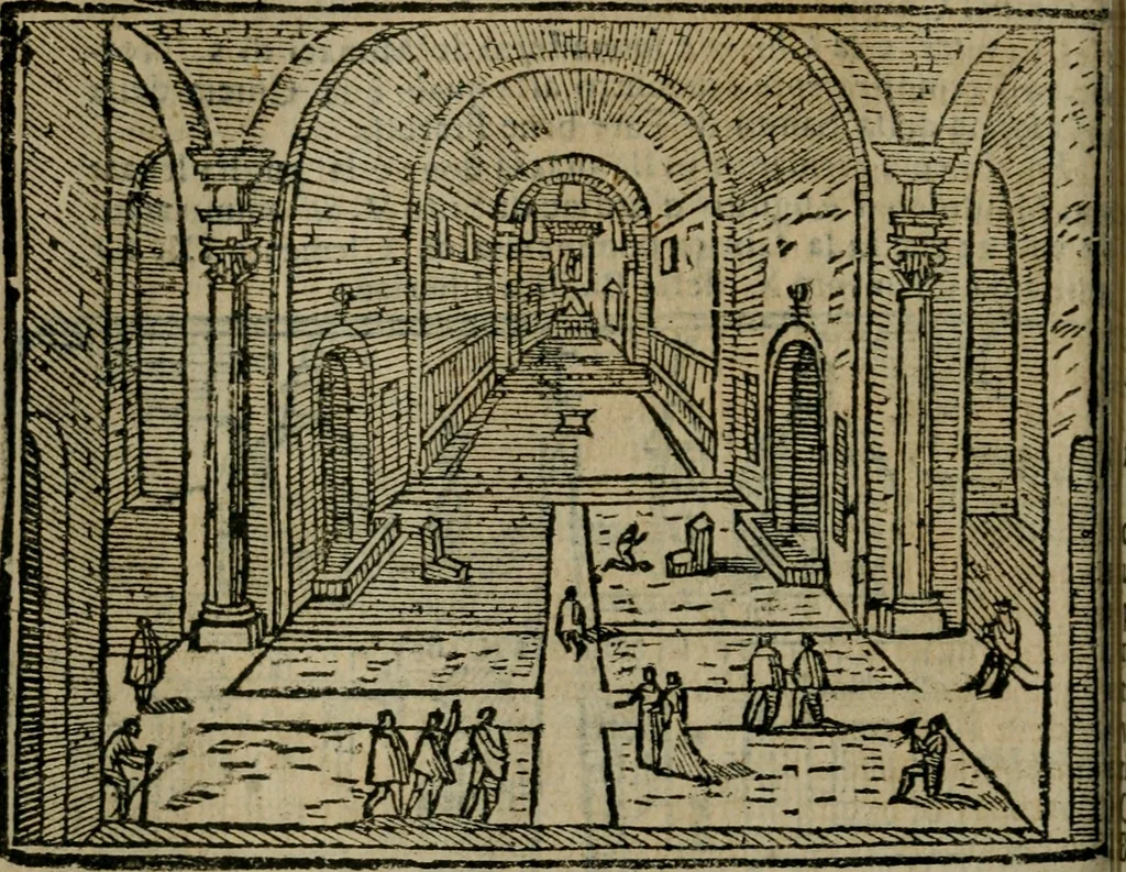 An illustration from Roma ricercata nel suo sito : con tutte le curiosità, che in essa si ritrouano, tanto antiche, come moderne, cioè chiese, monasterij, hospidali, collegij, seminarij, tempij, teatri, anfiteatri, naumachie, cerchi, fori, curie, palazzi, e statue, librarie, musei, pitture, sculture, & i nomi degli artefici, 1687, leaf 113