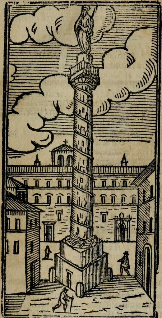 An illustration from Roma ricercata nel suo sito : con tutte le curiosità, che in essa si ritrouano, tanto antiche, come moderne, cioè chiese, monasterij, hospidali, collegij, seminarij, tempij, teatri, anfiteatri, naumachie, cerchi, fori, curie, palazzi, e statue, librarie, musei, pitture, sculture, & i nomi degli artefici, 1687, leaf 115