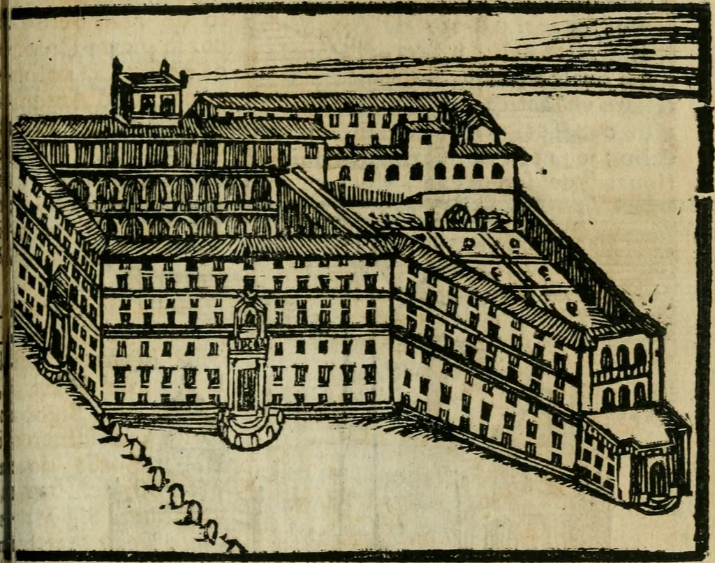 An illustration from Roma ricercata nel suo sito : con tutte le curiosità, che in essa si ritrouano, tanto antiche, come moderne, cioè chiese, monasterij, hospidali, collegij, seminarij, tempij, teatri, anfiteatri, naumachie, cerchi, fori, curie, palazzi, e statue, librarie, musei, pitture, sculture, & i nomi degli artefici, 1687, leaf 116