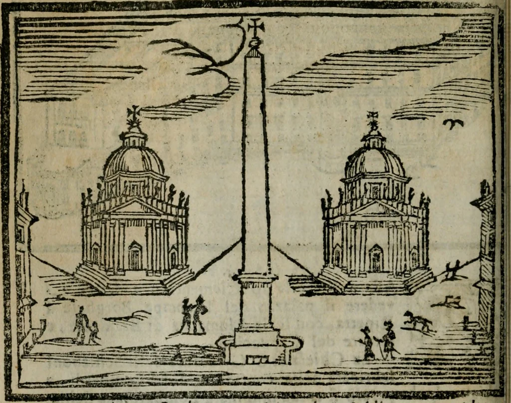 An illustration from Roma ricercata nel suo sito : con tutte le curiosità, che in essa si ritrouano, tanto antiche, come moderne, cioè chiese, monasterij, hospidali, collegij, seminarij, tempij, teatri, anfiteatri, naumachie, cerchi, fori, curie, palazzi, e statue, librarie, musei, pitture, sculture, & i nomi degli artefici, 1687, leaf 117