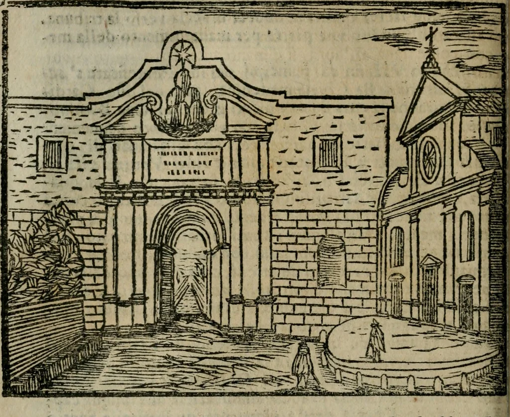 An illustration from Roma ricercata nel suo sito : con tutte le curiosità, che in essa si ritrouano, tanto antiche, come moderne, cioè chiese, monasterij, hospidali, collegij, seminarij, tempij, teatri, anfiteatri, naumachie, cerchi, fori, curie, palazzi, e statue, librarie, musei, pitture, sculture, & i nomi degli artefici, 1687, leaf 121