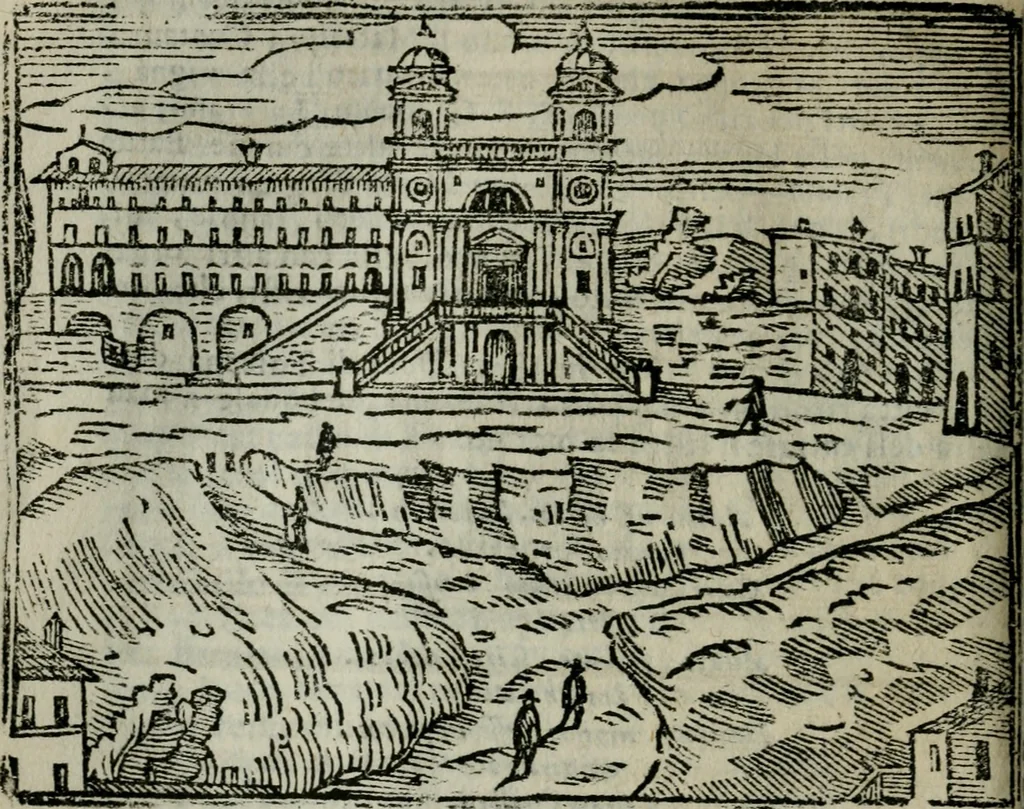 An illustration from Roma ricercata nel suo sito : con tutte le curiosità, che in essa si ritrouano, tanto antiche, come moderne, cioè chiese, monasterij, hospidali, collegij, seminarij, tempij, teatri, anfiteatri, naumachie, cerchi, fori, curie, palazzi, e statue, librarie, musei, pitture, sculture, & i nomi degli artefici, 1687, leaf 129