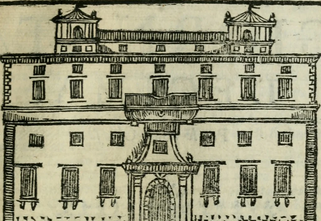 An illustration from Roma ricercata nel suo sito : con tutte le curiosità, che in essa si ritrouano, tanto antiche, come moderne, cioè chiese, monasterij, hospidali, collegij, seminarij, tempij, teatri, anfiteatri, naumachie, cerchi, fori, curie, palazzi, e statue, librarie, musei, pitture, sculture, & i nomi degli artefici, 1687, leaf 130