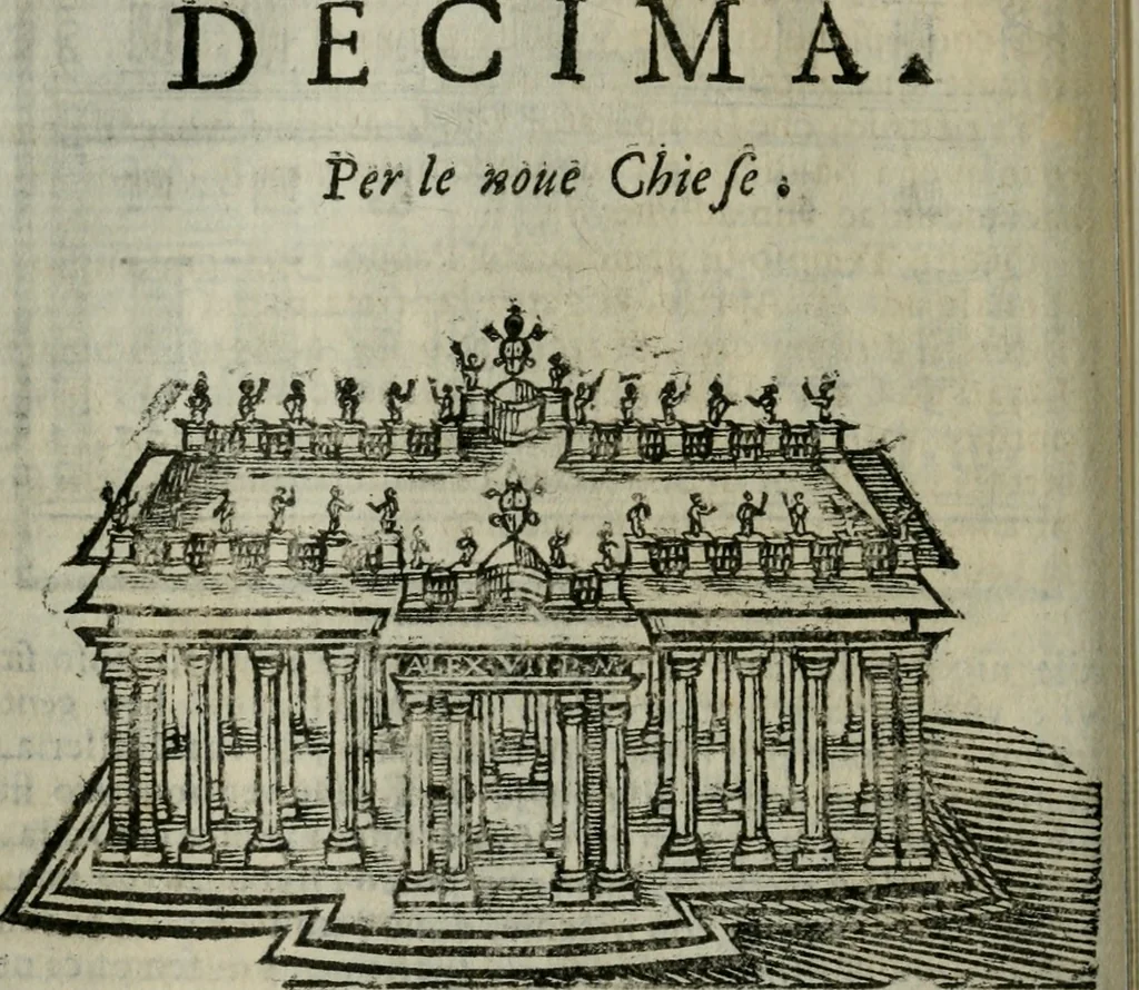 An illustration from Roma ricercata nel suo sito : con tutte le curiosità, che in essa si ritrouano, tanto antiche, come moderne, cioè chiese, monasterij, hospidali, collegij, seminarij, tempij, teatri, anfiteatri, naumachie, cerchi, fori, curie, palazzi, e statue, librarie, musei, pitture, sculture, & i nomi degli artefici, 1687, leaf 131
