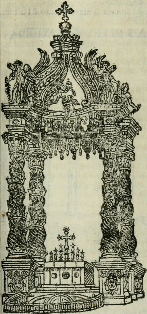 An illustration from Roma ricercata nel suo sito : con tutte le curiosità, che in essa si ritrouano, tanto antiche, come moderne, cioè chiese, monasterij, hospidali, collegij, seminarij, tempij, teatri, anfiteatri, naumachie, cerchi, fori, curie, palazzi, e statue, librarie, musei, pitture, sculture, & i nomi degli artefici, 1687, leaf 134