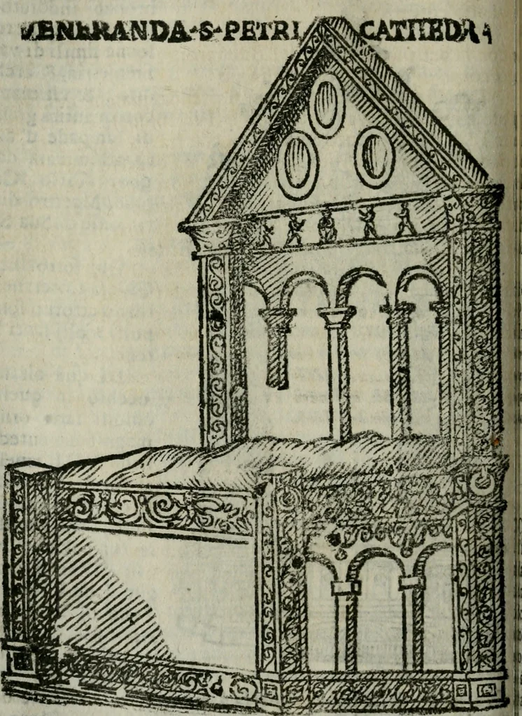 An illustration from Roma ricercata nel suo sito : con tutte le curiosità, che in essa si ritrouano, tanto antiche, come moderne, cioè chiese, monasterij, hospidali, collegij, seminarij, tempij, teatri, anfiteatri, naumachie, cerchi, fori, curie, palazzi, e statue, librarie, musei, pitture, sculture, & i nomi degli artefici, 1687, leaf 135