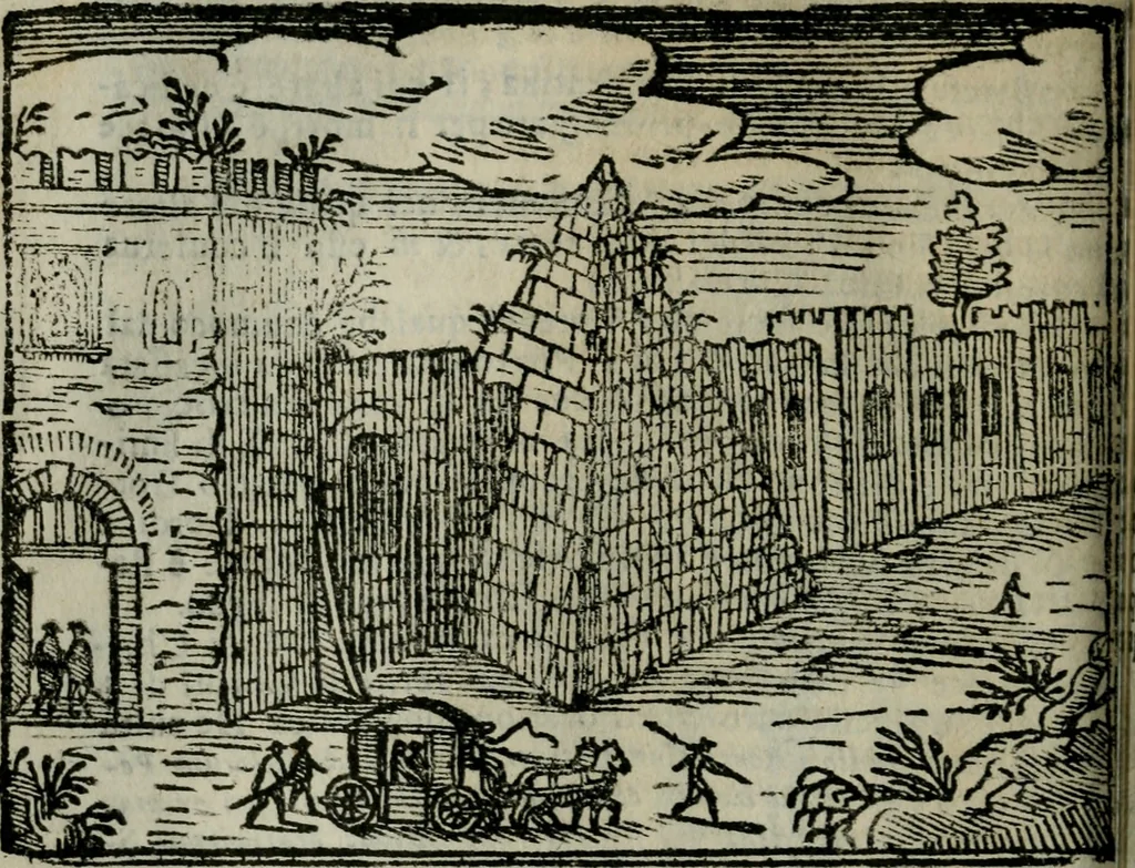 An illustration from Roma ricercata nel suo sito : con tutte le curiosità, che in essa si ritrouano, tanto antiche, come moderne, cioè chiese, monasterij, hospidali, collegij, seminarij, tempij, teatri, anfiteatri, naumachie, cerchi, fori, curie, palazzi, e statue, librarie, musei, pitture, sculture, & i nomi degli artefici, 1687, leaf 137