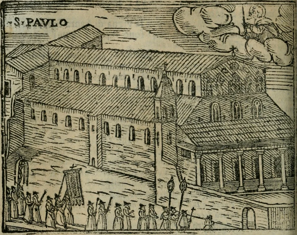 An illustration from Roma ricercata nel suo sito : con tutte le curiosità, che in essa si ritrouano, tanto antiche, come moderne, cioè chiese, monasterij, hospidali, collegij, seminarij, tempij, teatri, anfiteatri, naumachie, cerchi, fori, curie, palazzi, e statue, librarie, musei, pitture, sculture, & i nomi degli artefici, 1687, leaf 139