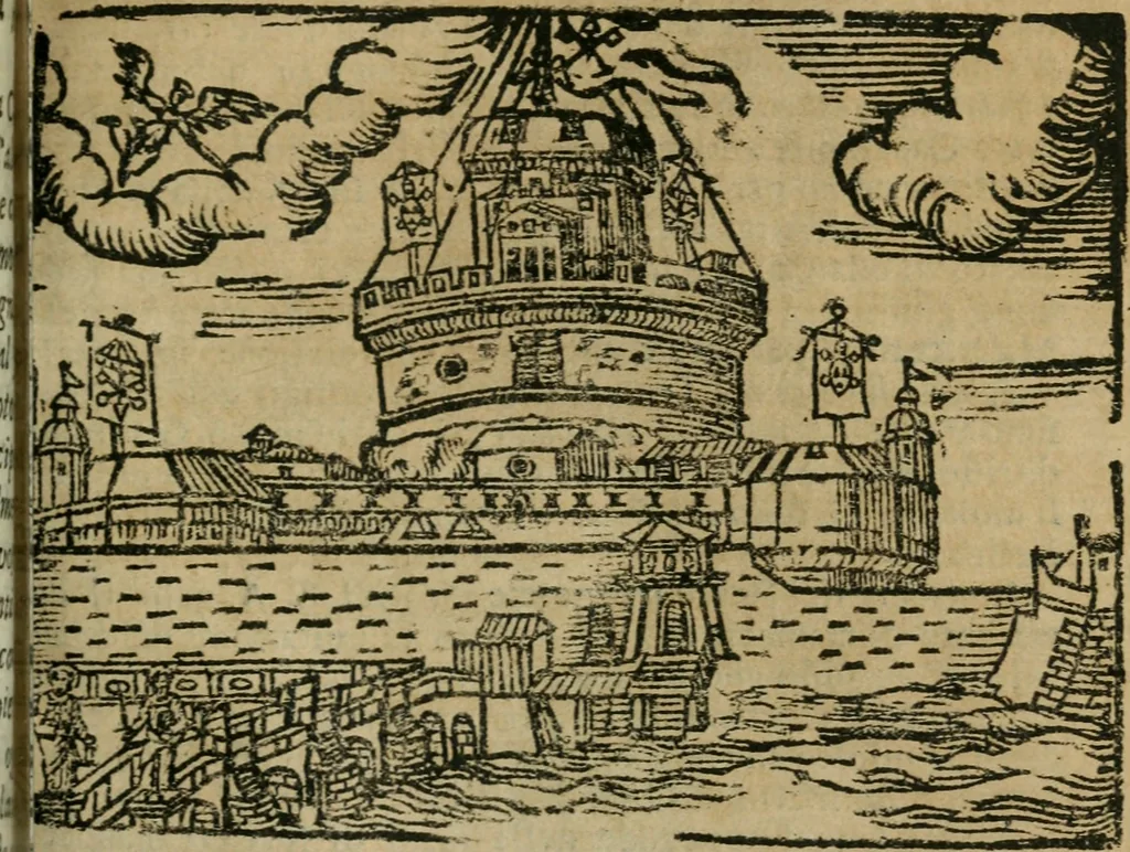 An illustration from Roma ricercata nel suo sito : con tutte le curiosità, che in essa si ritrouano, tanto antiche, come moderne, cioè chiese, monasterij, hospidali, collegij, seminarij, tempij, teatri, anfiteatri, naumachie, cerchi, fori, curie, palazzi, e statue, librarie, musei, pitture, sculture, & i nomi degli artefici, 1687, leaf 14