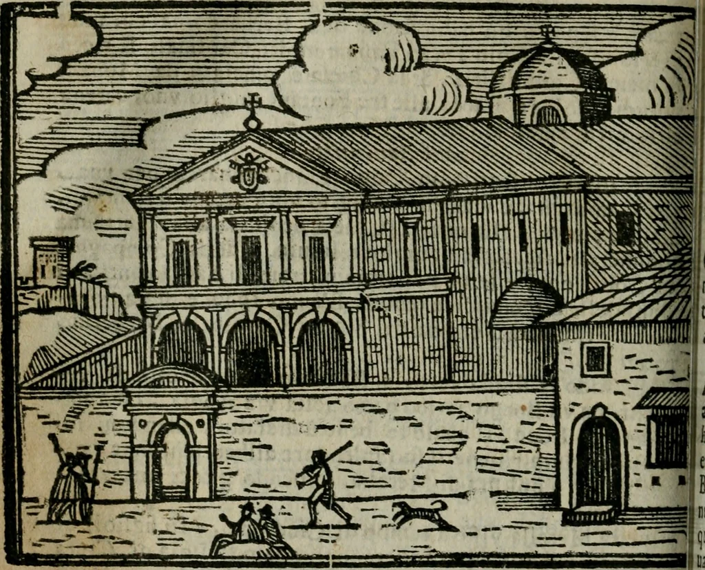 An illustration from Roma ricercata nel suo sito : con tutte le curiosità, che in essa si ritrouano, tanto antiche, come moderne, cioè chiese, monasterij, hospidali, collegij, seminarij, tempij, teatri, anfiteatri, naumachie, cerchi, fori, curie, palazzi, e statue, librarie, musei, pitture, sculture, & i nomi degli artefici, 1687, leaf 143