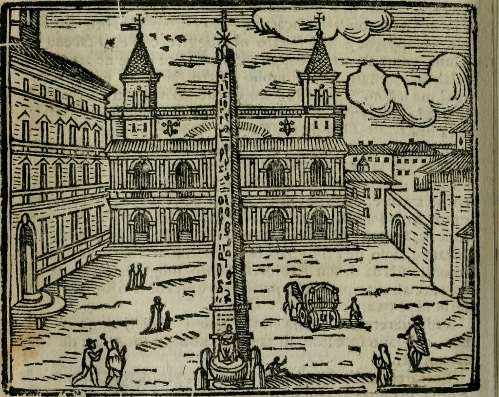 An illustration from Roma ricercata nel suo sito : con tutte le curiosità, che in essa si ritrouano, tanto antiche, come moderne, cioè chiese, monasterij, hospidali, collegij, seminarij, tempij, teatri, anfiteatri, naumachie, cerchi, fori, curie, palazzi, e statue, librarie, musei, pitture, sculture, & i nomi degli artefici, 1687, leaf 147