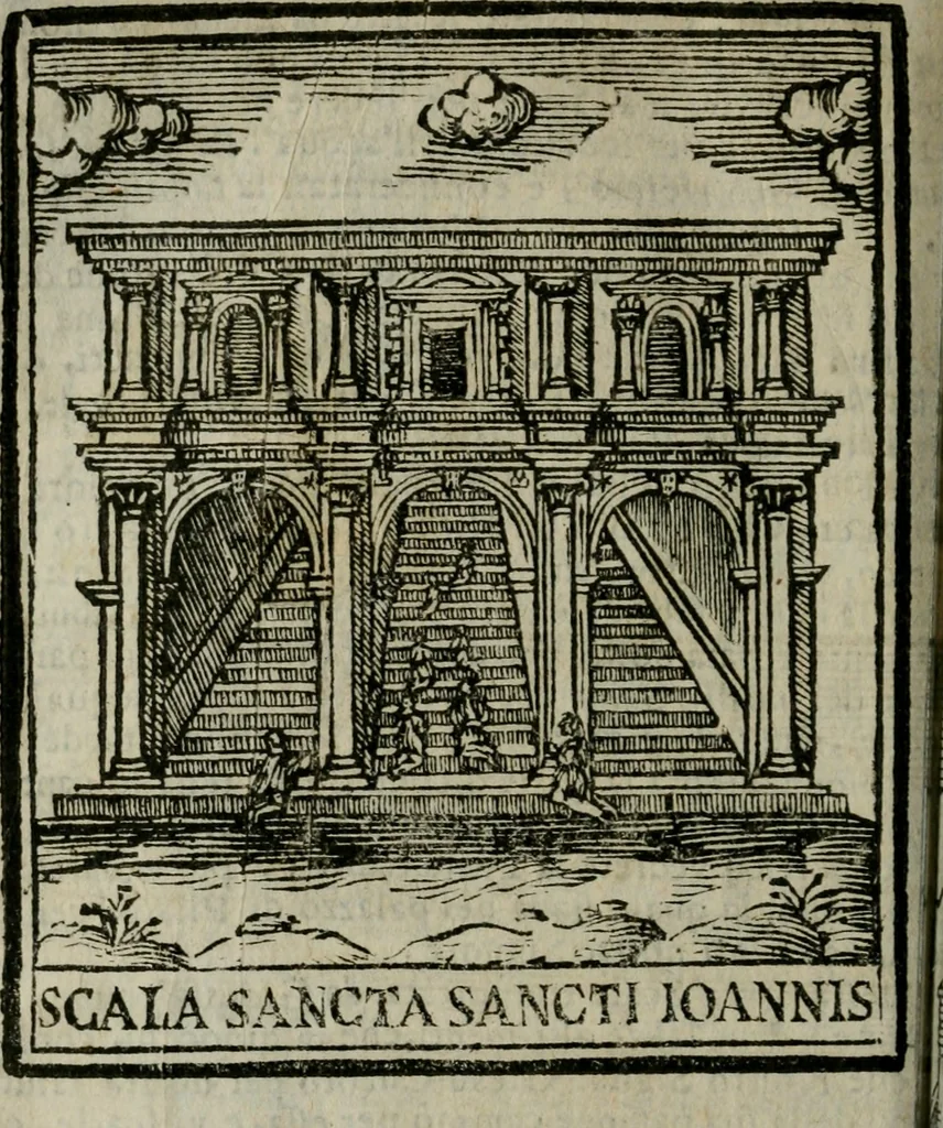 An illustration from Roma ricercata nel suo sito : con tutte le curiosità, che in essa si ritrouano, tanto antiche, come moderne, cioè chiese, monasterij, hospidali, collegij, seminarij, tempij, teatri, anfiteatri, naumachie, cerchi, fori, curie, palazzi, e statue, librarie, musei, pitture, sculture, & i nomi degli artefici, 1687, leaf 153
