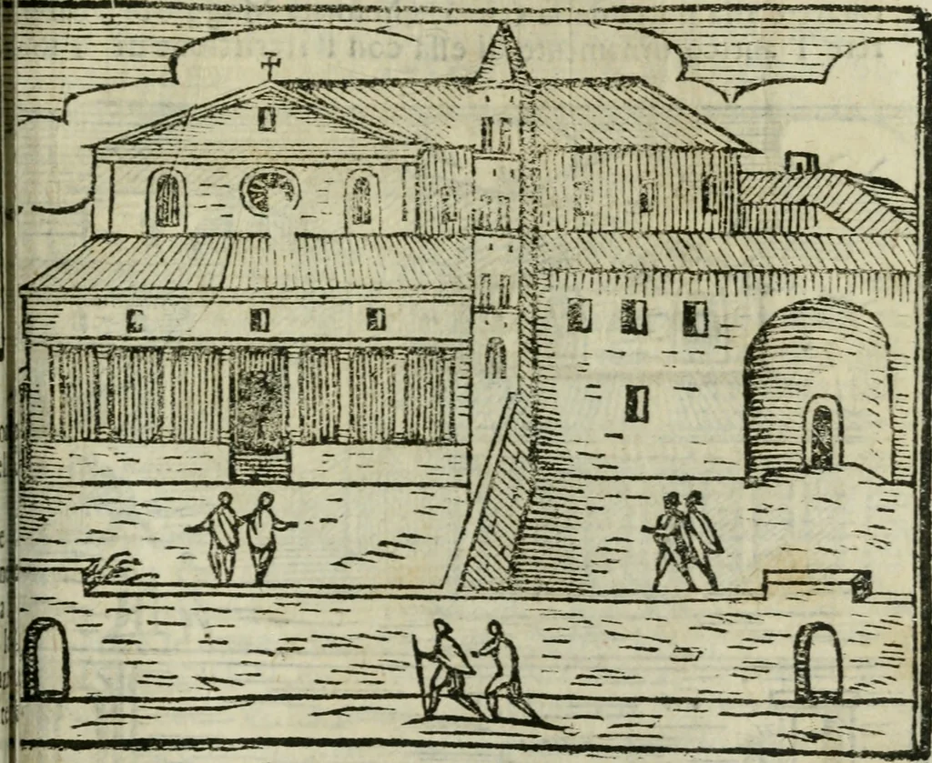An illustration from Roma ricercata nel suo sito : con tutte le curiosità, che in essa si ritrouano, tanto antiche, come moderne, cioè chiese, monasterij, hospidali, collegij, seminarij, tempij, teatri, anfiteatri, naumachie, cerchi, fori, curie, palazzi, e statue, librarie, musei, pitture, sculture, & i nomi degli artefici, 1687, leaf 154