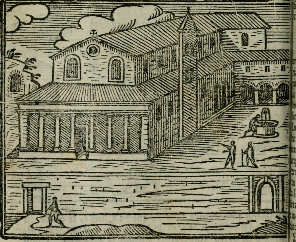An illustration from Roma ricercata nel suo sito : con tutte le curiosità, che in essa si ritrouano, tanto antiche, come moderne, cioè chiese, monasterij, hospidali, collegij, seminarij, tempij, teatri, anfiteatri, naumachie, cerchi, fori, curie, palazzi, e statue, librarie, musei, pitture, sculture, & i nomi degli artefici, 1687, leaf 155