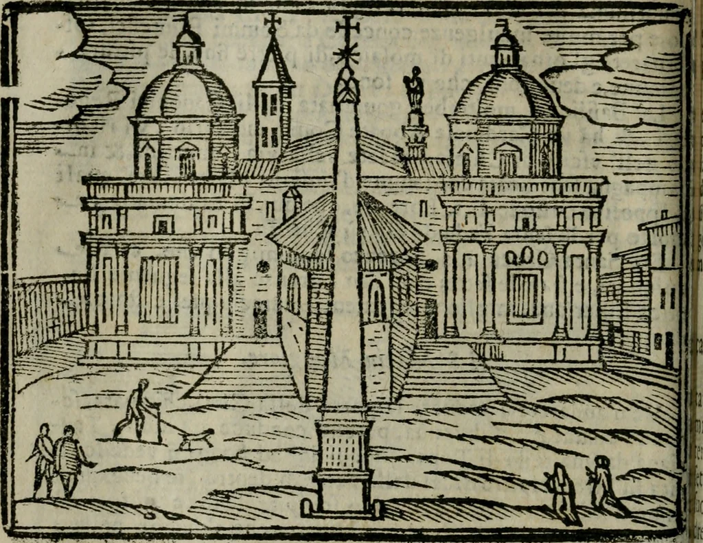 An illustration from Roma ricercata nel suo sito : con tutte le curiosità, che in essa si ritrouano, tanto antiche, come moderne, cioè chiese, monasterij, hospidali, collegij, seminarij, tempij, teatri, anfiteatri, naumachie, cerchi, fori, curie, palazzi, e statue, librarie, musei, pitture, sculture, & i nomi degli artefici, 1687, leaf 157