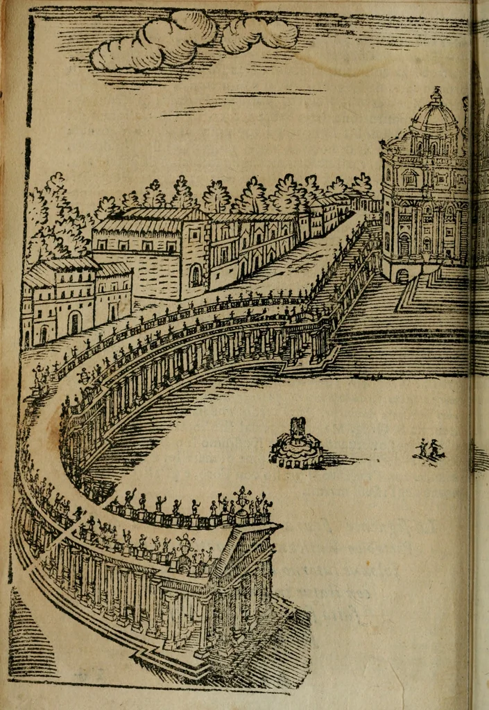 An illustration from Roma ricercata nel suo sito : con tutte le curiosità, che in essa si ritrouano, tanto antiche, come moderne, cioè chiese, monasterij, hospidali, collegij, seminarij, tempij, teatri, anfiteatri, naumachie, cerchi, fori, curie, palazzi, e statue, librarie, musei, pitture, sculture, & i nomi degli artefici, 1687, leaf 21