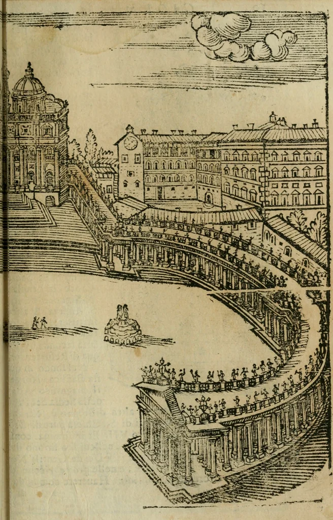 An illustration from Roma ricercata nel suo sito : con tutte le curiosità, che in essa si ritrouano, tanto antiche, come moderne, cioè chiese, monasterij, hospidali, collegij, seminarij, tempij, teatri, anfiteatri, naumachie, cerchi, fori, curie, palazzi, e statue, librarie, musei, pitture, sculture, & i nomi degli artefici, 1687, leaf 22