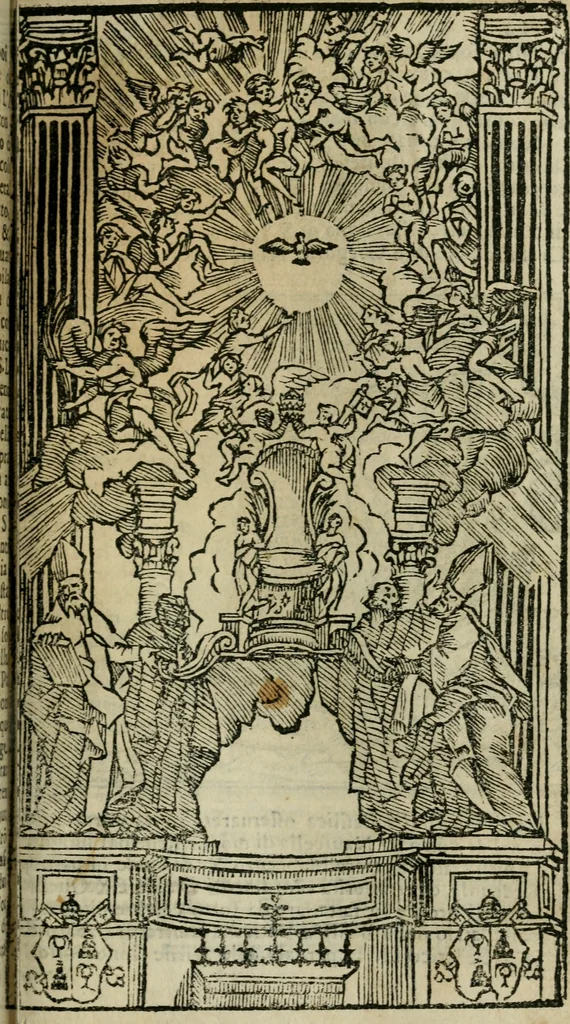 An illustration from Roma ricercata nel suo sito : con tutte le curiosità, che in essa si ritrouano, tanto antiche, come moderne, cioè chiese, monasterij, hospidali, collegij, seminarij, tempij, teatri, anfiteatri, naumachie, cerchi, fori, curie, palazzi, e statue, librarie, musei, pitture, sculture, & i nomi degli artefici, 1687, leaf 24