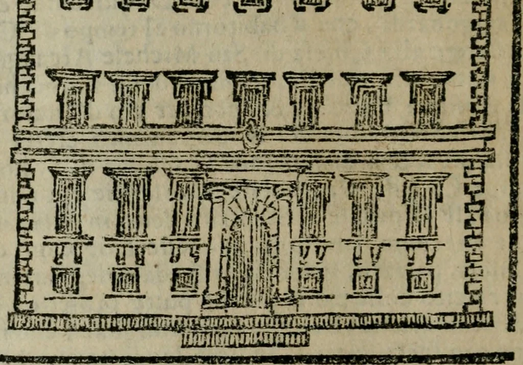 An illustration from Roma ricercata nel suo sito : con tutte le curiosità, che in essa si ritrouano, tanto antiche, come moderne, cioè chiese, monasterij, hospidali, collegij, seminarij, tempij, teatri, anfiteatri, naumachie, cerchi, fori, curie, palazzi, e statue, librarie, musei, pitture, sculture, & i nomi degli artefici, 1687, leaf 29