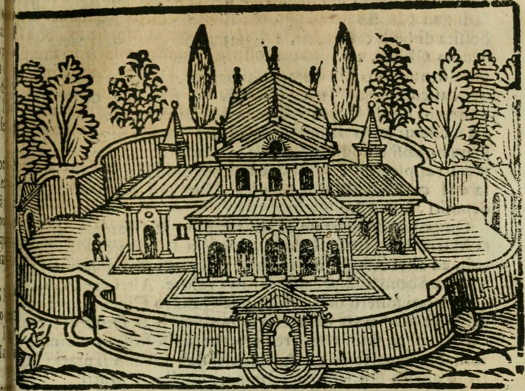 An illustration from Roma ricercata nel suo sito : con tutte le curiosità, che in essa si ritrouano, tanto antiche, come moderne, cioè chiese, monasterij, hospidali, collegij, seminarij, tempij, teatri, anfiteatri, naumachie, cerchi, fori, curie, palazzi, e statue, librarie, musei, pitture, sculture, & i nomi degli artefici, 1687, leaf 32