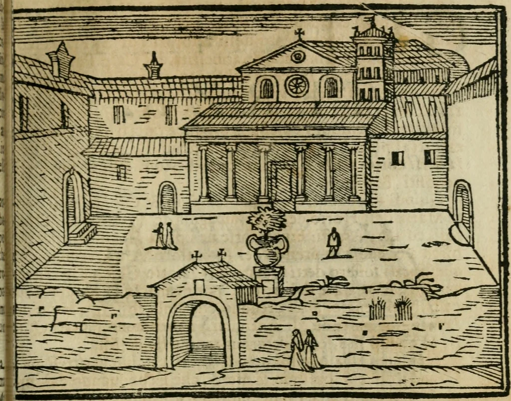 An illustration from Roma ricercata nel suo sito : con tutte le curiosità, che in essa si ritrouano, tanto antiche, come moderne, cioè chiese, monasterij, hospidali, collegij, seminarij, tempij, teatri, anfiteatri, naumachie, cerchi, fori, curie, palazzi, e statue, librarie, musei, pitture, sculture, & i nomi degli artefici, 1687, leaf 34