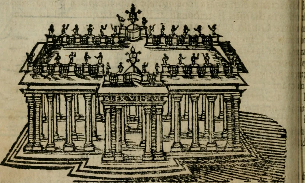 An illustration from Roma ricercata nel suo sito : con tutte le curiosità, che in essa si ritrouano, tanto antiche, come moderne, cioè chiese, monasterij, hospidali, collegij, seminarij, tempij, teatri, anfiteatri, naumachie, cerchi, fori, curie, palazzi, e statue, librarie, musei, pitture, sculture, & i nomi degli artefici, 1687, leaf 35