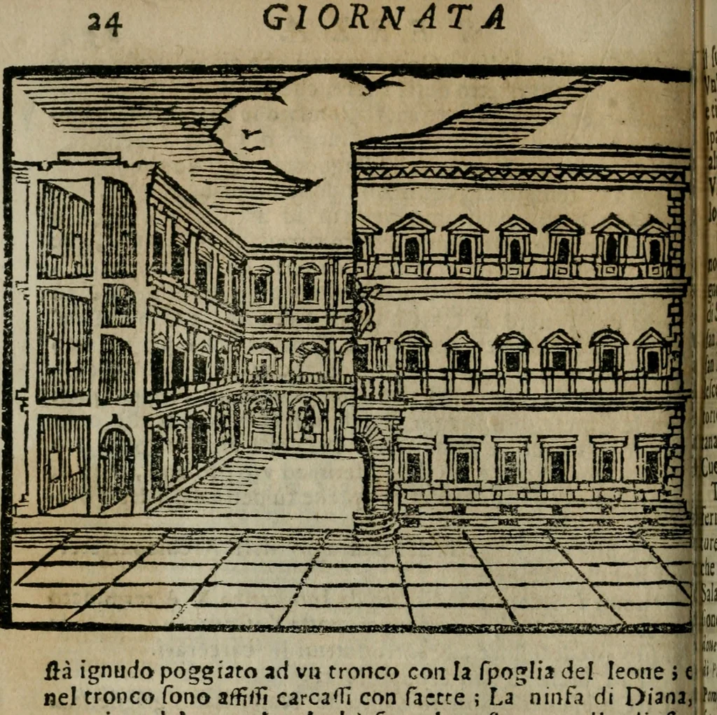 An illustration from Roma ricercata nel suo sito : con tutte le curiosità, che in essa si ritrouano, tanto antiche, come moderne, cioè chiese, monasterij, hospidali, collegij, seminarij, tempij, teatri, anfiteatri, naumachie, cerchi, fori, curie, palazzi, e statue, librarie, musei, pitture, sculture, & i nomi degli artefici, 1687, leaf 37