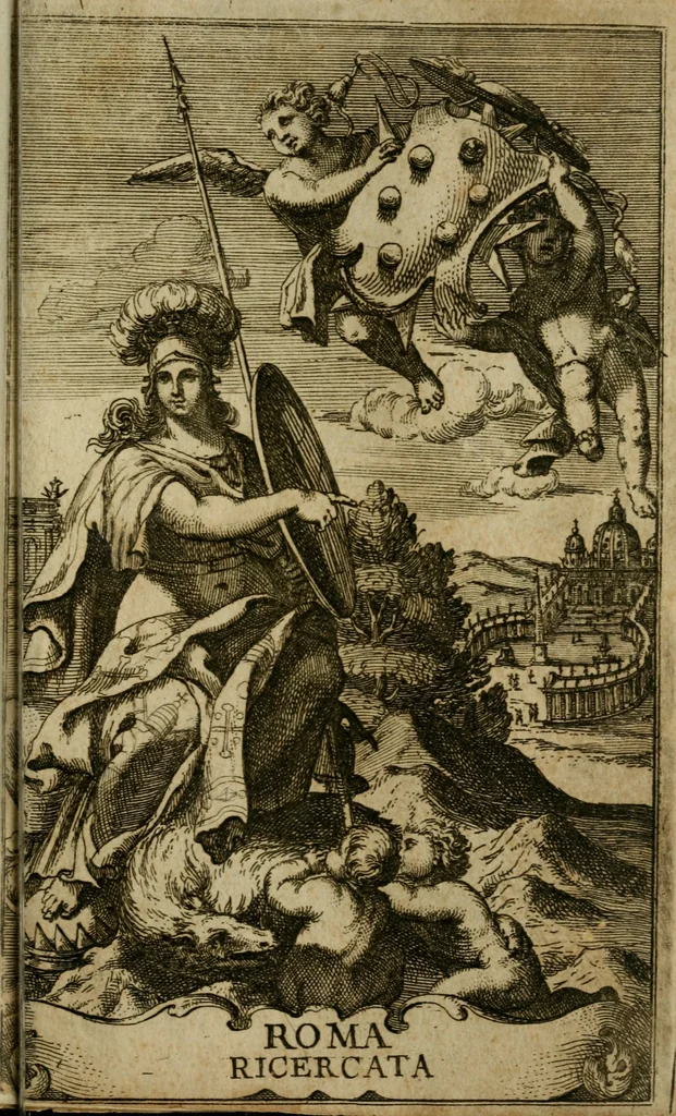 An illustration from Roma ricercata nel suo sito : con tutte le curiosità, che in essa si ritrouano, tanto antiche, come moderne, cioè chiese, monasterij, hospidali, collegij, seminarij, tempij, teatri, anfiteatri, naumachie, cerchi, fori, curie, palazzi, e statue, librarie, musei, pitture, sculture, & i nomi degli artefici, 1687, leaf 4