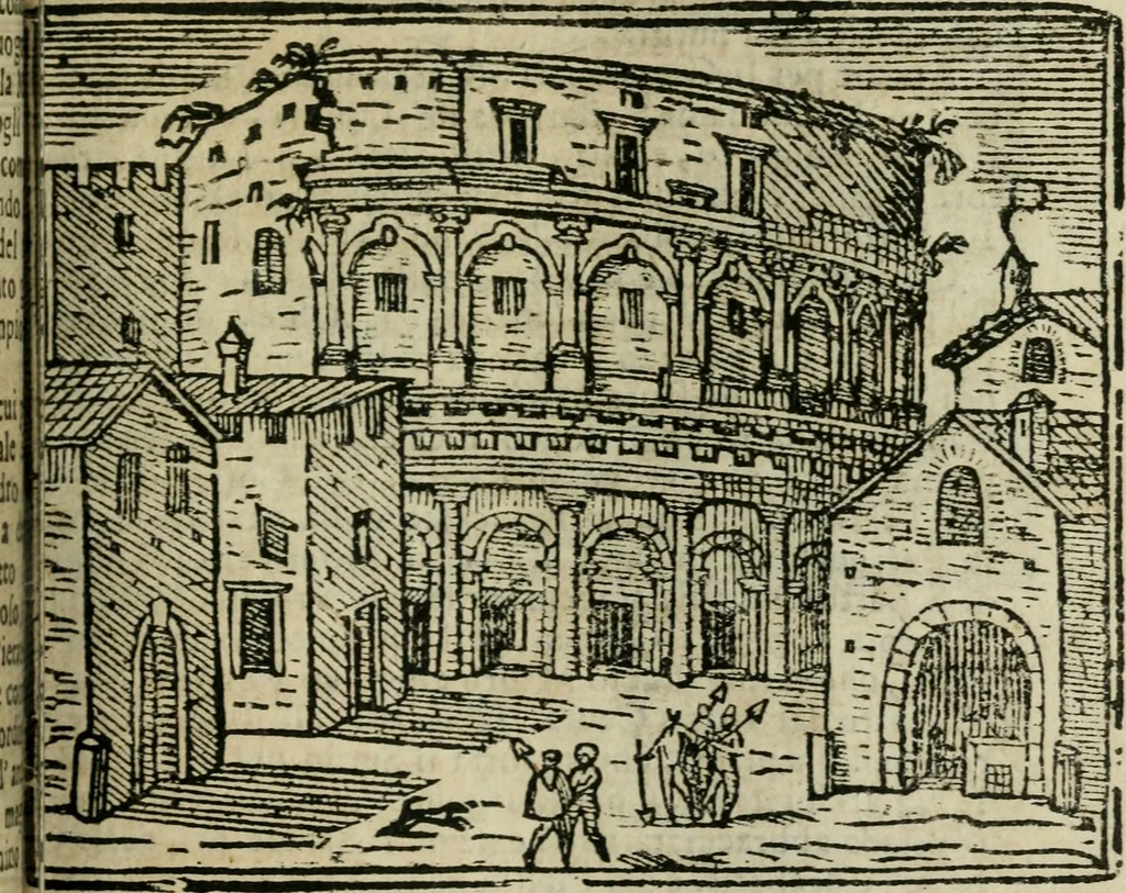 An illustration from Roma ricercata nel suo sito : con tutte le curiosità, che in essa si ritrouano, tanto antiche, come moderne, cioè chiese, monasterij, hospidali, collegij, seminarij, tempij, teatri, anfiteatri, naumachie, cerchi, fori, curie, palazzi, e statue, librarie, musei, pitture, sculture, & i nomi degli artefici, 1687, leaf 42