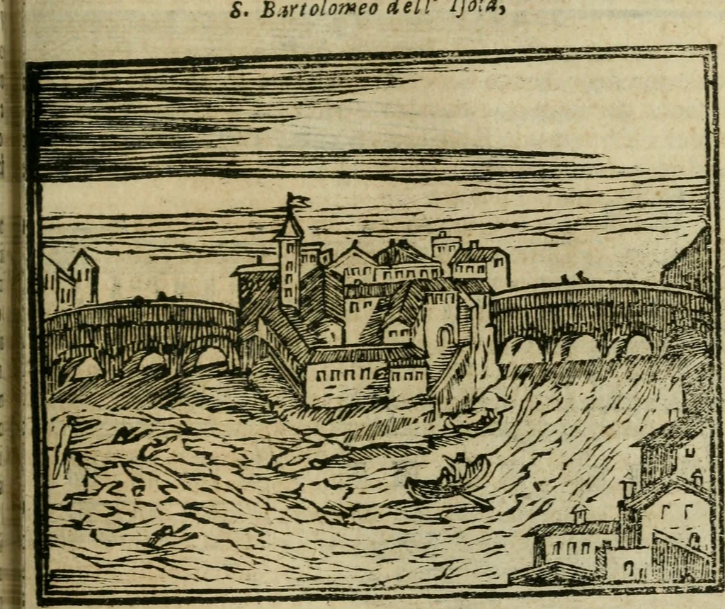 An illustration from Roma ricercata nel suo sito : con tutte le curiosità, che in essa si ritrouano, tanto antiche, come moderne, cioè chiese, monasterij, hospidali, collegij, seminarij, tempij, teatri, anfiteatri, naumachie, cerchi, fori, curie, palazzi, e statue, librarie, musei, pitture, sculture, & i nomi degli artefici, 1687, leaf 44