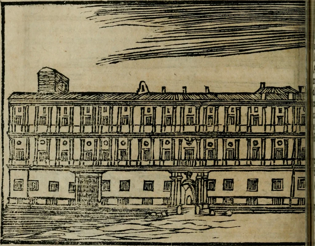 An illustration from Roma ricercata nel suo sito : con tutte le curiosità, che in essa si ritrouano, tanto antiche, come moderne, cioè chiese, monasterij, hospidali, collegij, seminarij, tempij, teatri, anfiteatri, naumachie, cerchi, fori, curie, palazzi, e statue, librarie, musei, pitture, sculture, & i nomi degli artefici, 1687, leaf 45