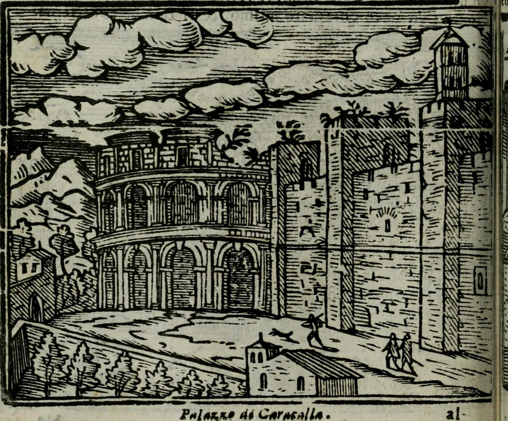 An illustration from Roma ricercata nel suo sito : con tutte le curiosità, che in essa si ritrouano, tanto antiche, come moderne, cioè chiese, monasterij, hospidali, collegij, seminarij, tempij, teatri, anfiteatri, naumachie, cerchi, fori, curie, palazzi, e statue, librarie, musei, pitture, sculture, & i nomi degli artefici, 1687, leaf 53